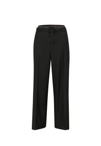 Pantaloni negri cu picioare largi, dotati cu un tiv elastic, detalii cu siret si pliseuri frontale. Textură netedă și material ușor.