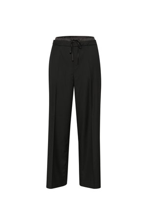 Pantaloni neri a gamba larga con vita elasticizzata, dettaglio con cordoncino e pieghe frontali. Tessuto liscio e leggero.