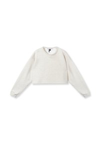 Gekürzt geschnittenes Sweatshirt aus hellbeigem Stoff mit langen Ärmeln, Rundhalsausschnitt und gerippten Bündchen. Feine Struktur im gesamten Stoff.