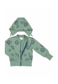 Grön bomullsjacka med dragkedja och tryck av ett blått djuransikte, med huva och sidofickor, ribbade ärmmuddar och en slät textur.