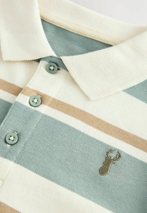 Lightweight polo shirt featuring horizontal stripes in light blue, beige, and cream, with a subtle embroidered logo and matching buttons.