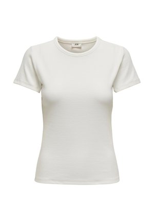 Hvid kortærmet T-shirt med rund halsudskæring, lavet af ribbet stof. Glat tekstur og tætsiddende form. Mærke synligt indeni ved kraven.