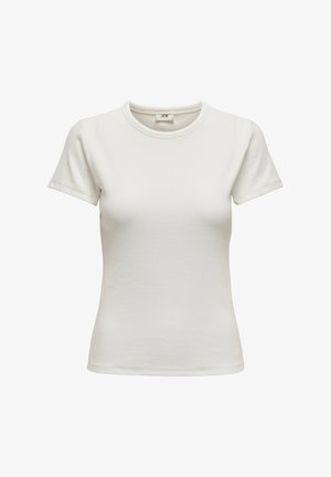 Hvid kortærmet T-shirt med rund halsudskæring, lavet af ribbet stof. Glat tekstur og tætsiddende form. Mærke synligt indeni ved kraven.