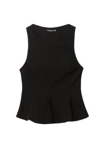 Černý peplum top bez rukávů s kulatým výstřihem a vypasovaným pasem, položený na bílém pozadí.