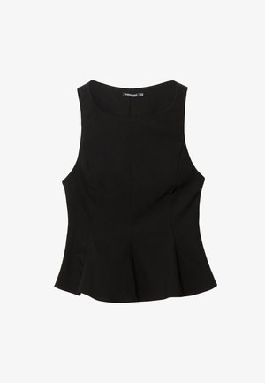 Ärmelloses schwarzes Peplum-Top mit rundem Ausschnitt und tailliertem Schnitt, flach auf weißem Hintergrund ausgelegt.