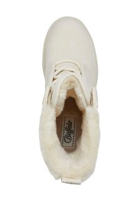Lys beige ankelstøvle med blødt, fluffy for. Har snørebånd, en rund tå og en solid gummisål. Branding synlig indeni.
