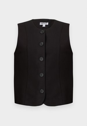 Veste noire sans manches avec encolure ronde et cinq boutons noirs à l'avant, coupe ajustée, étiquette de la marque "PIECES" à l'intérieur du col.