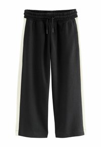 Black sweatpants with a white side accent, featuring an elastic waistband and drawstring. Made from soft, stretchy fabric.