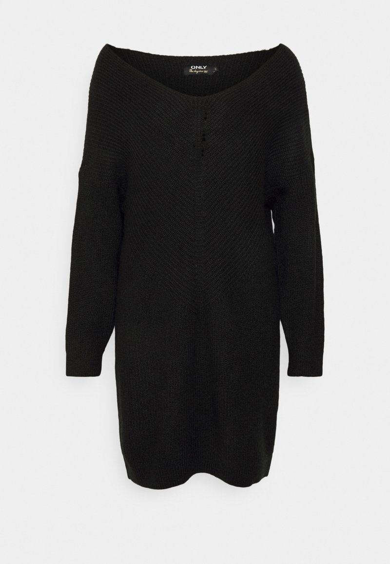 Robe-pull noire à manches longues, tricotée, avec un large col en V et une coupe décontractée, conçue par la marque Only.