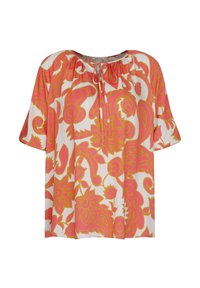 Korte mouwen blouse van lichte stof, met een levendig roze en oranje bloemenpatroon, een gerimpelde halslijn en een strikdetail.