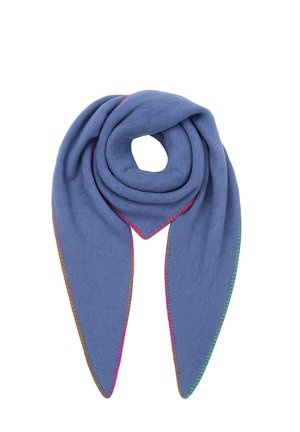 Blue wool scarf with pointed ends and multicolored stitching along the edges, folded in a loop on a white background.
