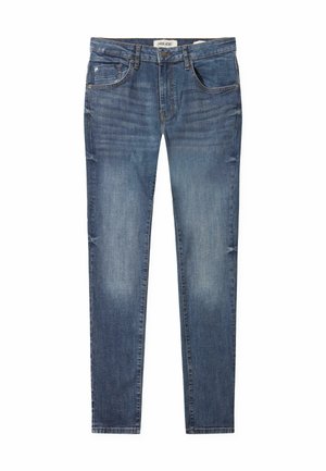 Blue denim jeans with a slim fit, featuring five pockets, subtle fading, and tonal stitching. Standard waistband with a zipper fly closure.