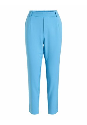 Light blue tailored trousers with a smooth finish, featuring a flat front, slim fit, and elastic waistband for comfort.