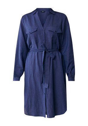 Navyblauwe shirtjurk van linnen met lange mouwen, knoopsluiting aan de voorkant, twee borstzakken en een bijpassende stoffen riem in de taille.