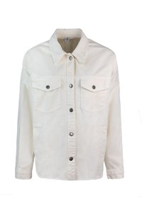 Giacca in denim bianco con colletto a punta, due tasche frontali e bottoni metallici per la chiusura. Maniche lunghe con vestibilità rilassata.