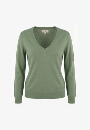 Maglione verde chiaro a maniche lunghe con scollo a V, polsini e orlo a coste, piccolo dettaglio con logo sotto davanti e toppa sulla manica.