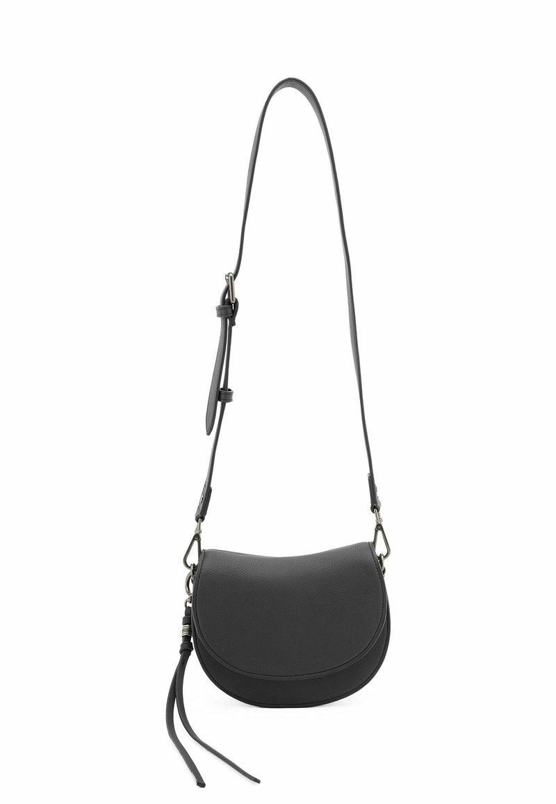 Borsa a tracolla nera in pelle con silhouette curvilinea, tracolla regolabile e dettaglio a nappina. Texture liscia con accenti in hardware dorato.