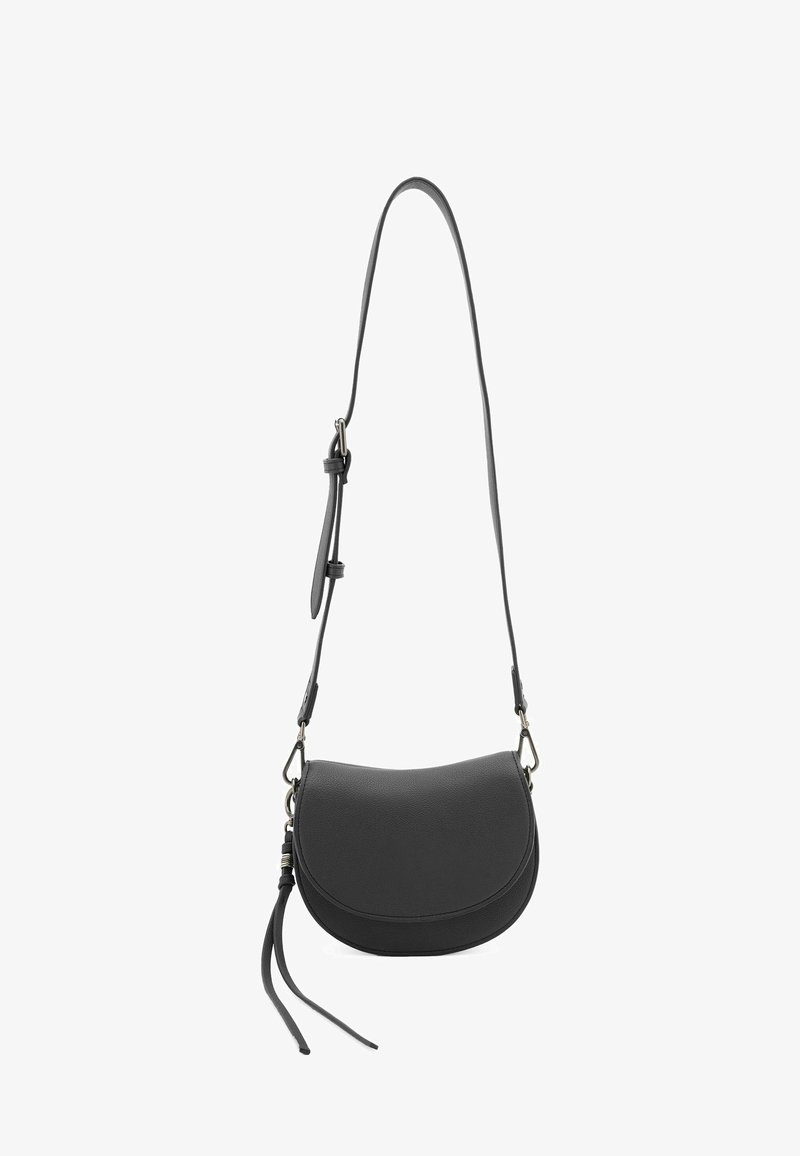 Borsa a tracolla nera in pelle con silhouette curvilinea, tracolla regolabile e dettaglio a nappina. Texture liscia con accenti in hardware dorato.