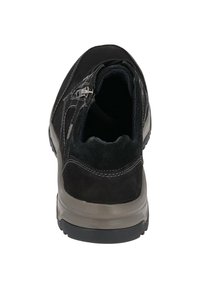 Herren schwarze Freizeitschuhe mit einem Obermaterial aus Wildleder, einem flachen Design, einem Reißverschlussverschluss und einer robusten Gummisohle.