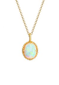 Goldkette mit ovalem Opal-Anhänger in Krappenfassung und Perlenrand, der schillernde Pastellfarben zeigt.