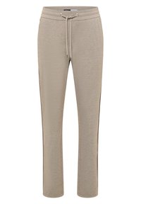 Beige Strick-Sweatpants mit elastischem Bund, Kordelzug, seitlichen Taschen und braunen Streifen an den Seiten.