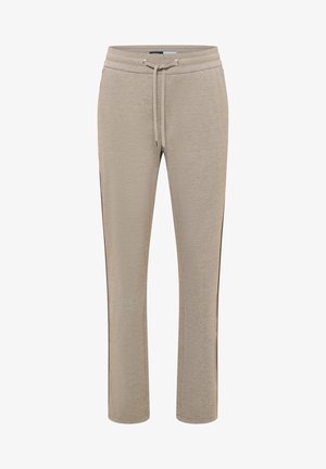 Beige Strick-Sweatpants mit elastischem Bund, Kordelzug, seitlichen Taschen und braunen Streifen an den Seiten.