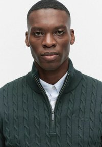 Mörkgrön kabelstickad tröja med hög krage och dragkedja, bärs över en ljusblå randig skjorta. Texturen ser mjuk och tjock ut.