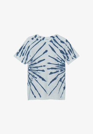 Kurzärmeliges Rundhals-T-Shirt mit hellblauem Grundton und dunkelblauem, radialem Batikmuster, das sich vom Zentrum ausbreitet.