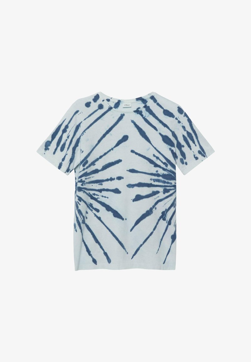 T-shirt à manches courtes et col rond, base bleu clair avec un motif tie-dye radial bleu foncé s'étendant depuis le centre.