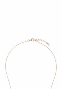 Collana delicata in oro rosa con piccoli anelli intrecciati e chiusura a gancio con catena di estensione regolabile.