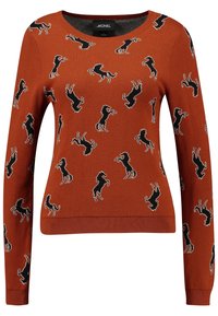 Pull en couleur rouille avec un col rond, présentant un motif répétitif de chevaux cabrés noir bordés de blanc. Tissu tricoté doux, manches longues.