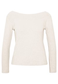 Haut à manches longues et épaules dénudées en tissu crème à la texture douce. Design simple, silhouette ajustée, sans motifs ni accents.