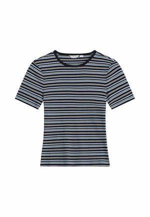 Sort, blå og hvide vandrette stribede T-shirt med korte ærmer og rund hals, med en slank pasform.