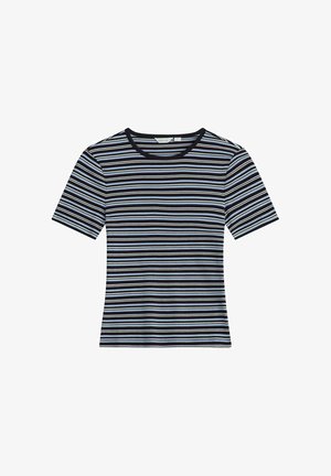 Black, blue, and white horizontally striped short-sleeve crew neck T-shirt with a slim fit.
