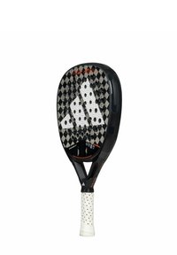 Zwart-witte paddle racket met een diamantpatroon, een gestructureerde oppervlakte en een witte grip met rode stippen. Belangrijke branding is zichtbaar.