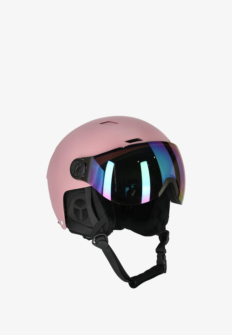 Roze sk helmet met een matte afwerking, getint vizier en zwarte accenten. Voorzien van verstelbare straps en ventilatieopeningen.