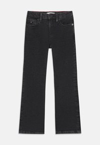 Svarta denimjeans med rak bendesign, featuring framfickor, knappstängning och minimalistiska sömdetaljer.