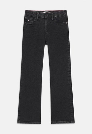 Black denim jeans with a straight leg design, featuring front pockets, a button closure, and minimalistic stitching details.