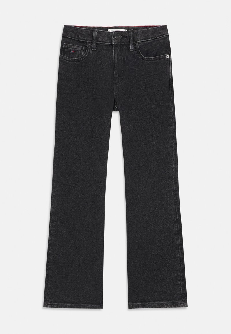 Svarta denimjeans med rak bendesign, featuring framfickor, knappstängning och minimalistiska sömdetaljer.