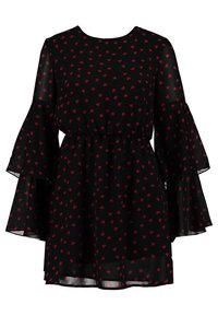 Vestido negro transparente con patrón de corazones rojos, cintura ceñida y mangas con campana en capas.