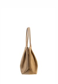 Tan nahast käekott kahe sangaga, millel on sujuv disain, pehme tekstuur ja volditud alus struktuur ainulaadse kuju jaoks.