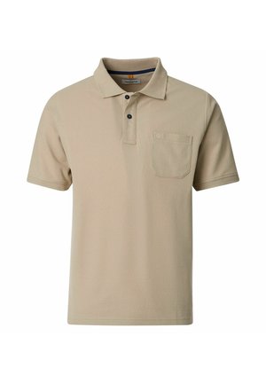 Beige polo med korte ærmer, to knapper, en krave og en brystlomme, vist på en hvid baggrund.