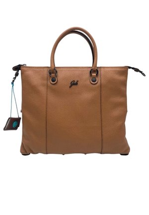 Borsa a mano in pelle color cuoio con due manici superiori, una piccola pochette attaccata sul lato sinistro e un logo del marchio in metallo al centro davanti.