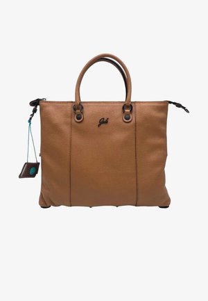 Borsa a mano in pelle color cuoio con due manici superiori, una piccola pochette attaccata sul lato sinistro e un logo del marchio in metallo al centro davanti.