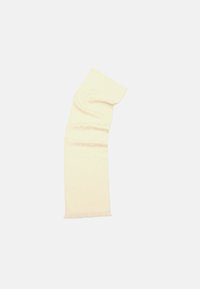 Sciarpa color crema, realizzata in tessuto morbido, con una superficie liscia e bordi frangiati. Il design è semplice ed elegante, privo di motivi.