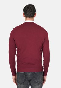 Cardigan a maglia color borgogna con maniche lunghe, scollo a V e polsini a costine. Indossato sopra una camicia bianca, visto da dietro. Finitura testurizzata.