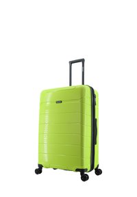 Hard-shell suitcase in bright green with vertical grooves, retractable handle, and four black wheels for easy mobility.