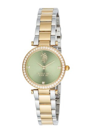 Orologio con cinturino in metallo dorato e argentato con quadrante verde, lunetta con cristalli e logo U.S. Polo Assn. sul quadrante.
