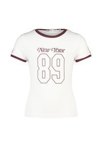 T-shirt bianca aderente a manica corta con rifiniture bordeaux e stampa "New York 89" in bordeaux sul davanti.