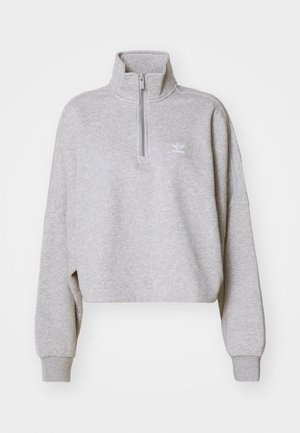 Grijze cropped sweatshirt met een hoge kraag, halve rits en losse mouwen. Bevat een klein wit logo op de borst. Gemaakt van zachte stof.